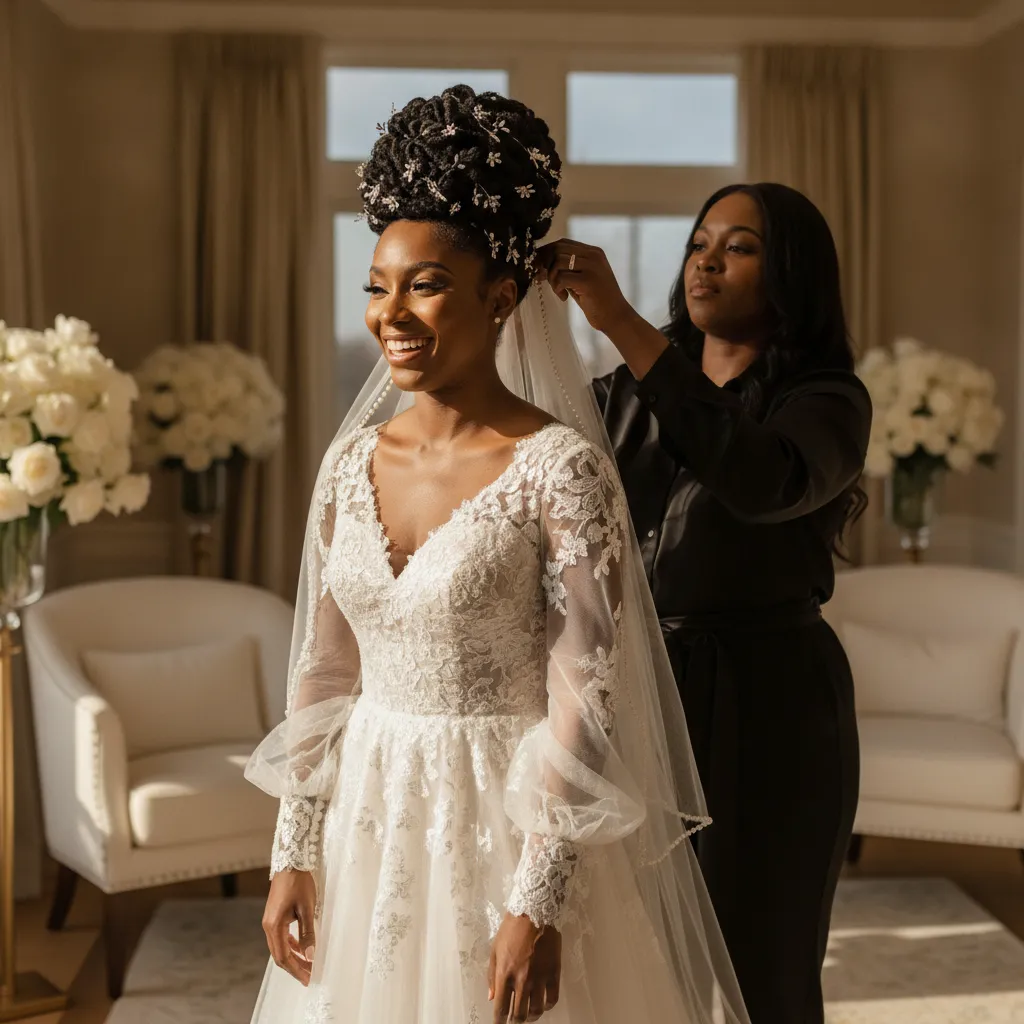 A Black bride with an elaborate natural hair updo adorned with delicate silver hairpins, smiling warmly as a Black hair stylist makes a final adjustment to her veil in a sunlit bridal suite