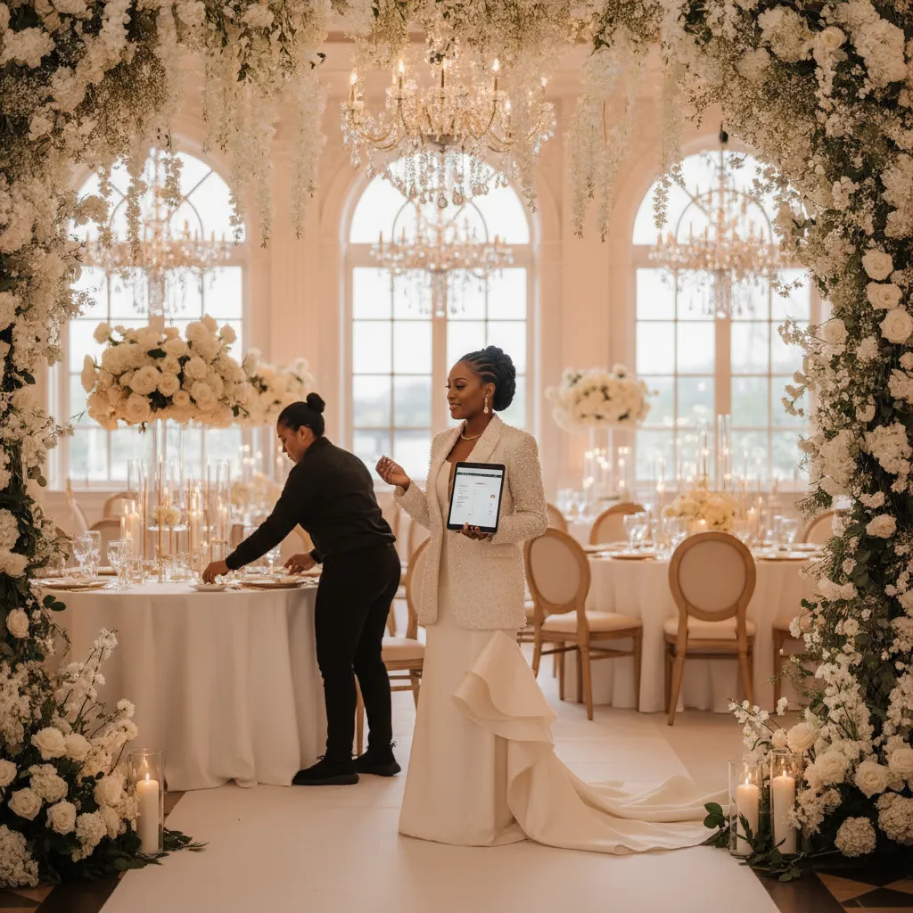 An African American event planner, elegantly dressed, stands confidently amidst a beautifully decorated wedding reception venue in Atlanta