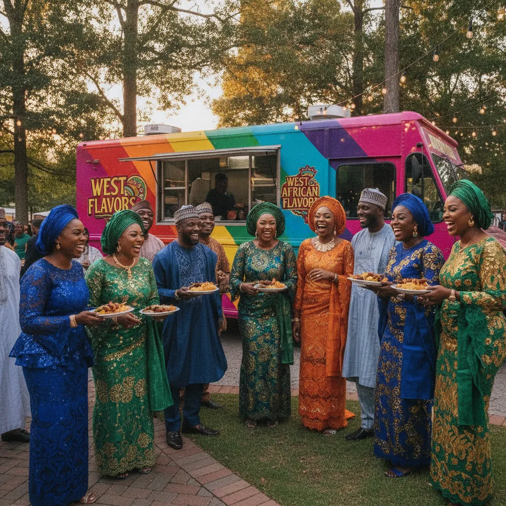 A group of African American men and women in stylish traditional Nigerian aso-ebi attire are gathered around a vibrant food truck at an outdoor event in Atlanta