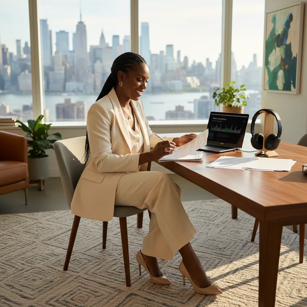 A Black event planner in a chic, professional outfit. Sunlight streams through a large window overlooking the city