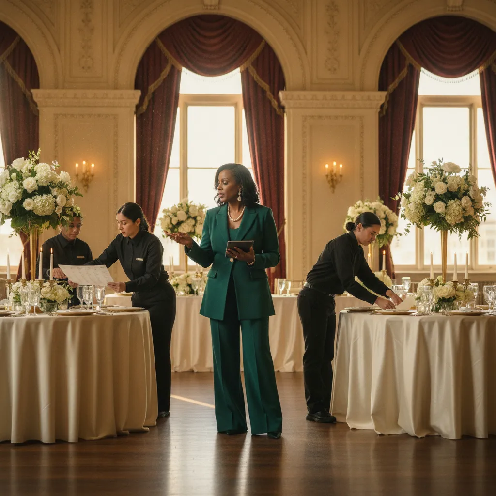 A Black female event planner in her 40s, dressed elegantly, confidently directing staff and checking details at a beautifully set wedding reception in a historic Atlanta venue