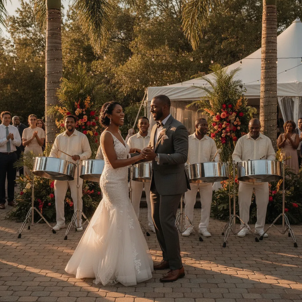 A Black couple in elegant attire dancing joyfully with a Caribbean steel pan band at their outdoor wedding reception in Atlanta