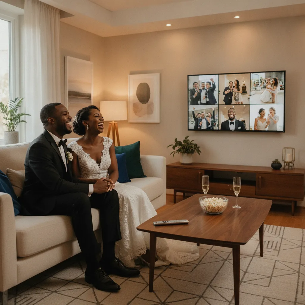 A Black couple in formal wedding attire watches their wedding video on a large screen at home, laughing and holding hands. A sleek, modern remote control is on a coffee table nearby