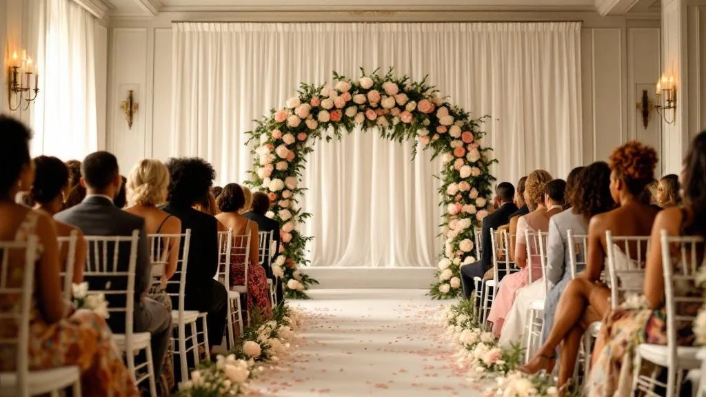 An elegant wedding ceremony setup at The Plaza Hotel, with rows of white chairs and a floral arch, under soft, ambient lighting.
