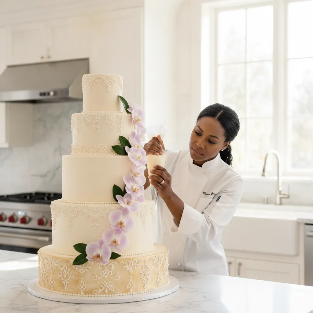 A Black woman in her early 30s, a professional cake designer, meticulously piping intricate details onto a multi-tiered wedding cake adorned with gold accents and fresh orchids