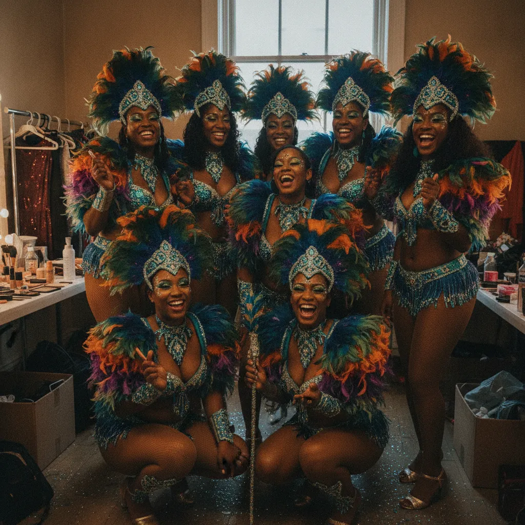 A group of Black and Afro-Caribbean women in dazzling. Their makeup is vibrant, and the energy is palpable