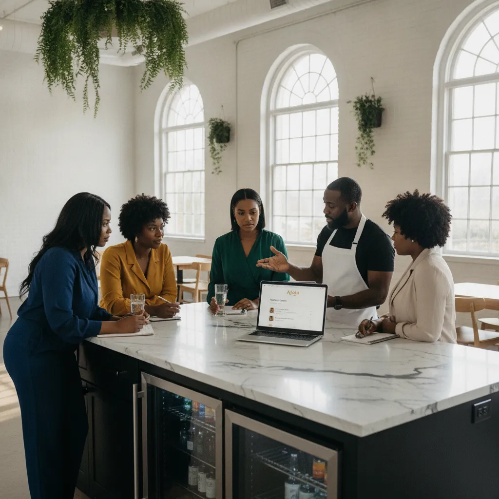 A diverse group of African American and Afro-Caribbean event planners and a Black chef discussing a catering contract at a stylish, modern kitchen island in a bright Atlanta event space