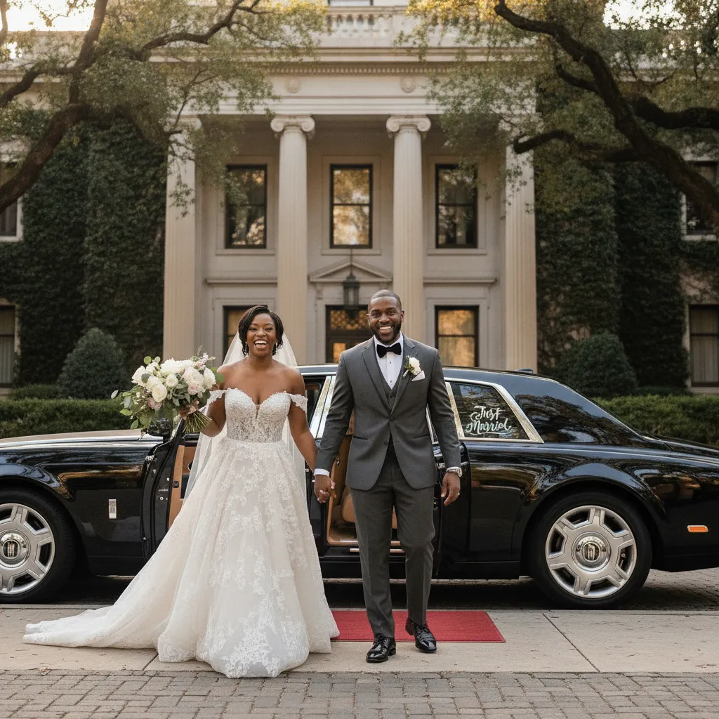 A Black bride and groom in elegant wedding attire, smiling and holding hands as they step out of a sleek, black luxury sedan with a 'Just Married' sign