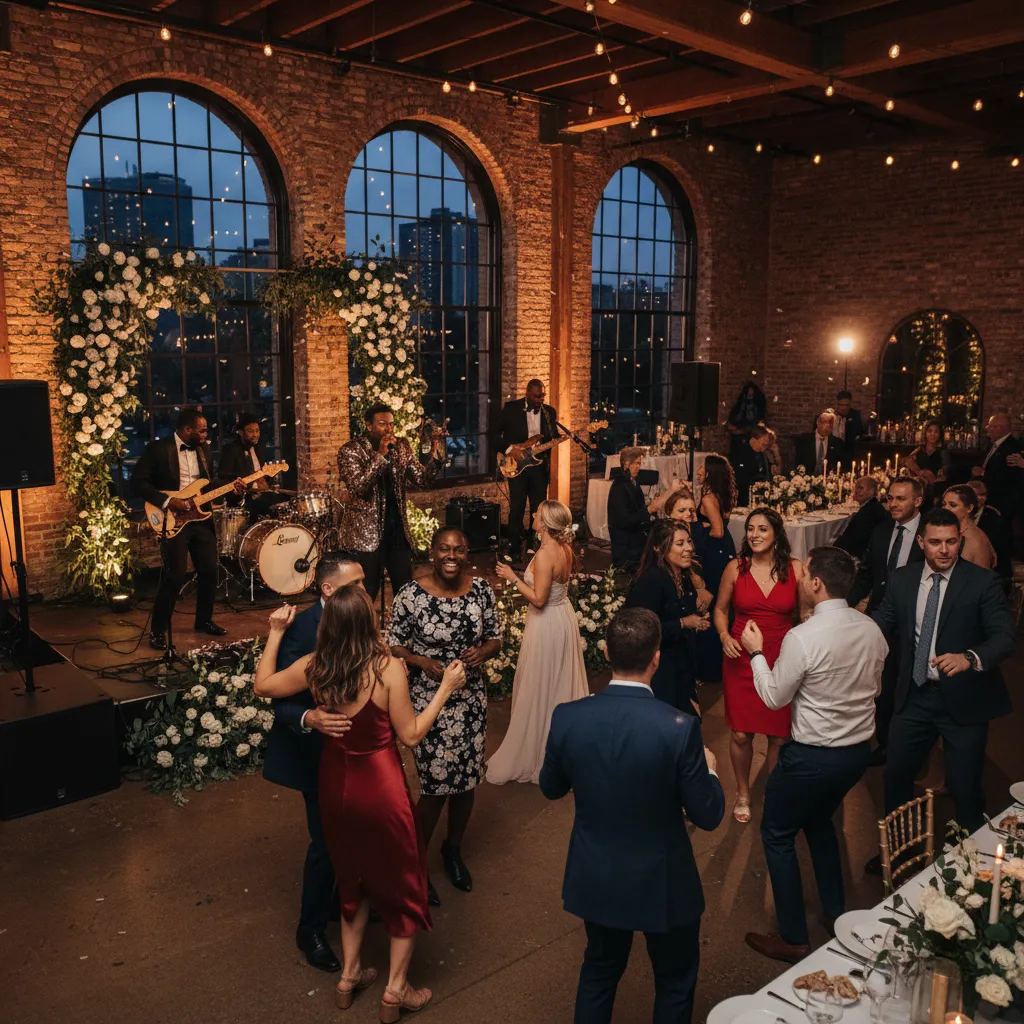 A lively scene with a Black live band performing at a stylish wedding reception in a Brooklyn event venue, guests dancing and cheering
