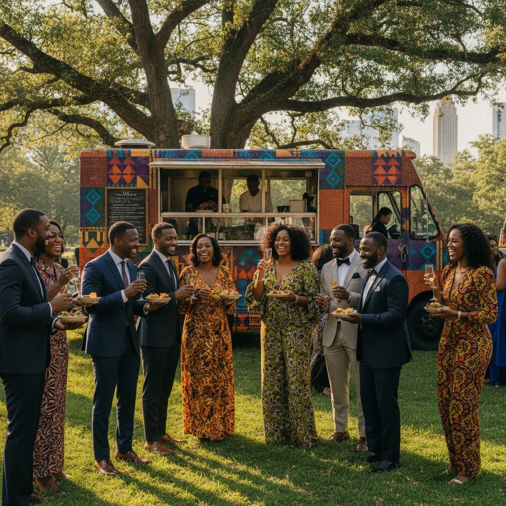 A diverse group of African American guests, dressed in stylish event attire, laughing and enjoying gourmet food from a vibrant, modern food truck at an outdoor event in a sun-drenched Atlanta park