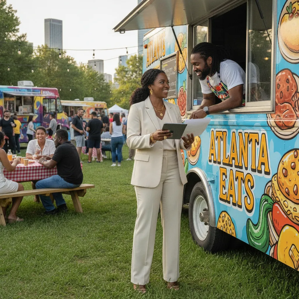 A Black event planner, dressed professionally, is speaking with a friendly African American food truck owner, who is leaning out of his vibrant food truck window