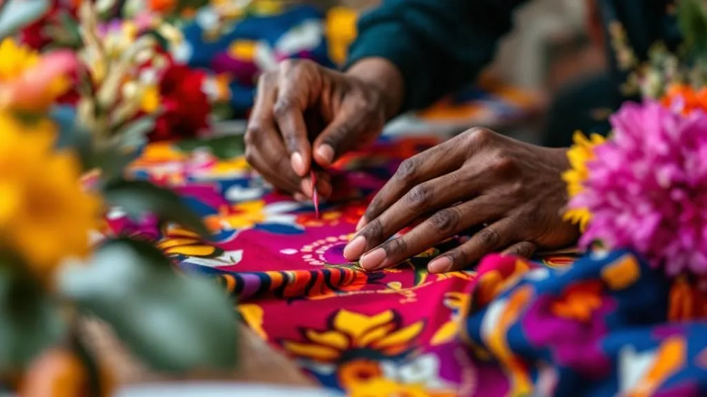 A close-up of a designer's hands, skillfully arranging floral centerpieces with vibrant African fabrics as table runners.