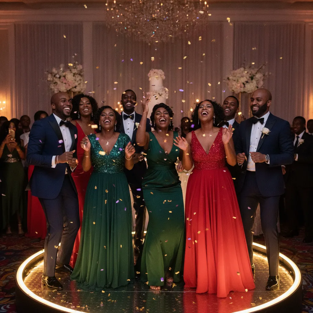 A diverse group of African American and Afro-Caribbean guests, dressed in elegant evening wear, are laughing and dancing in slow motion on a 360 video booth platform at a lively wedding reception