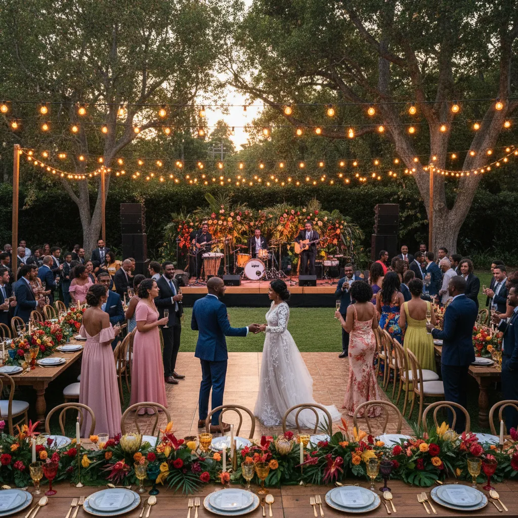 A vibrant outdoor wedding reception for an African American couple, set in a lush garden estate in Los Angeles