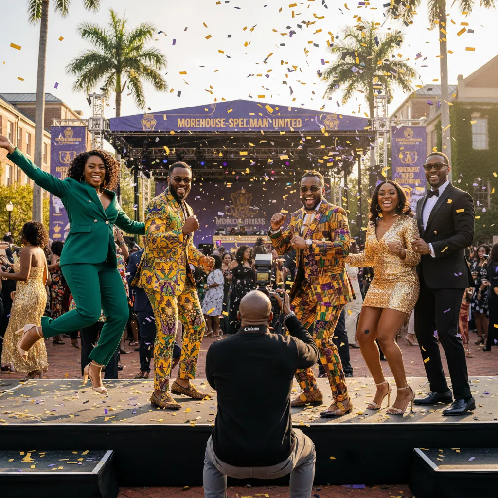 A lively group of African American alumni posing dynamically for a photo at an HBCU Homecoming party, dressed in stylish outfits
