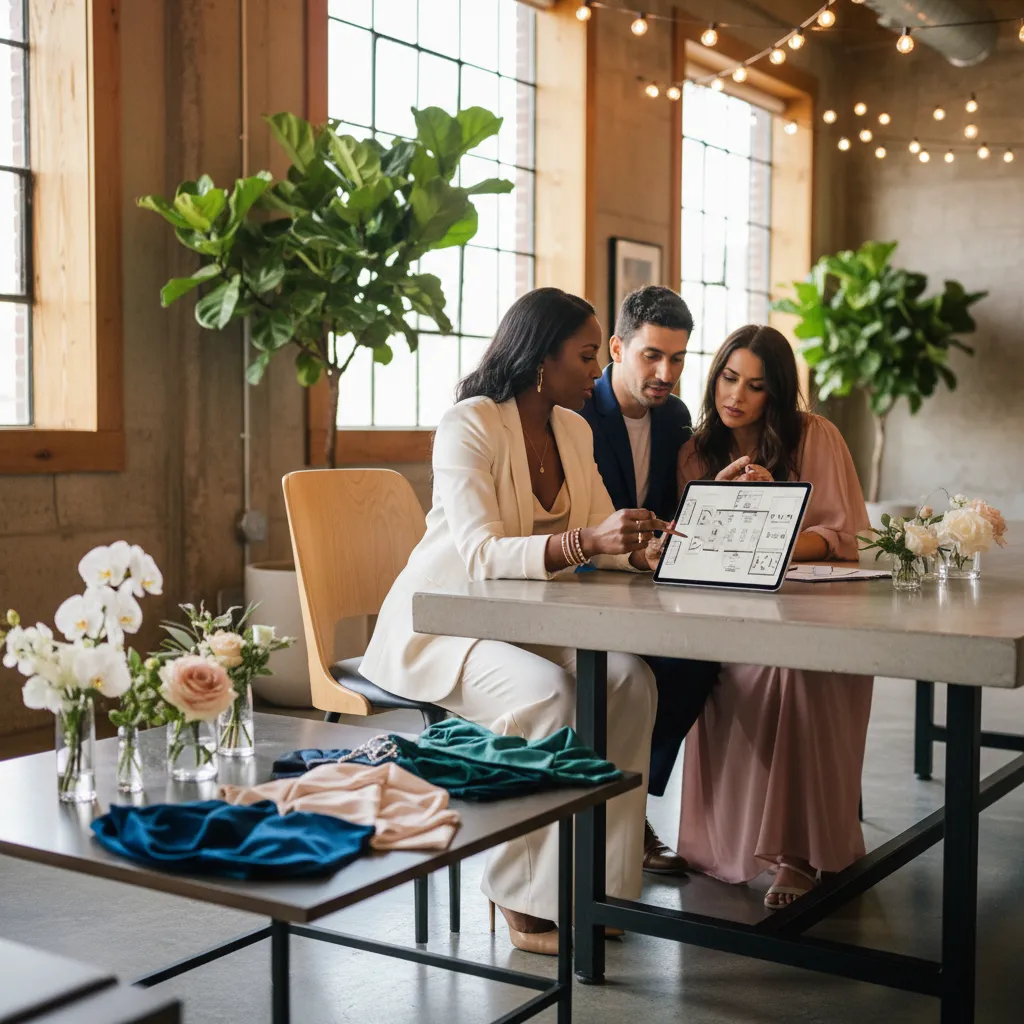 A stylish African American event planner, mid-30s, reviewing a tablet with a client couple in a chic, modern event space