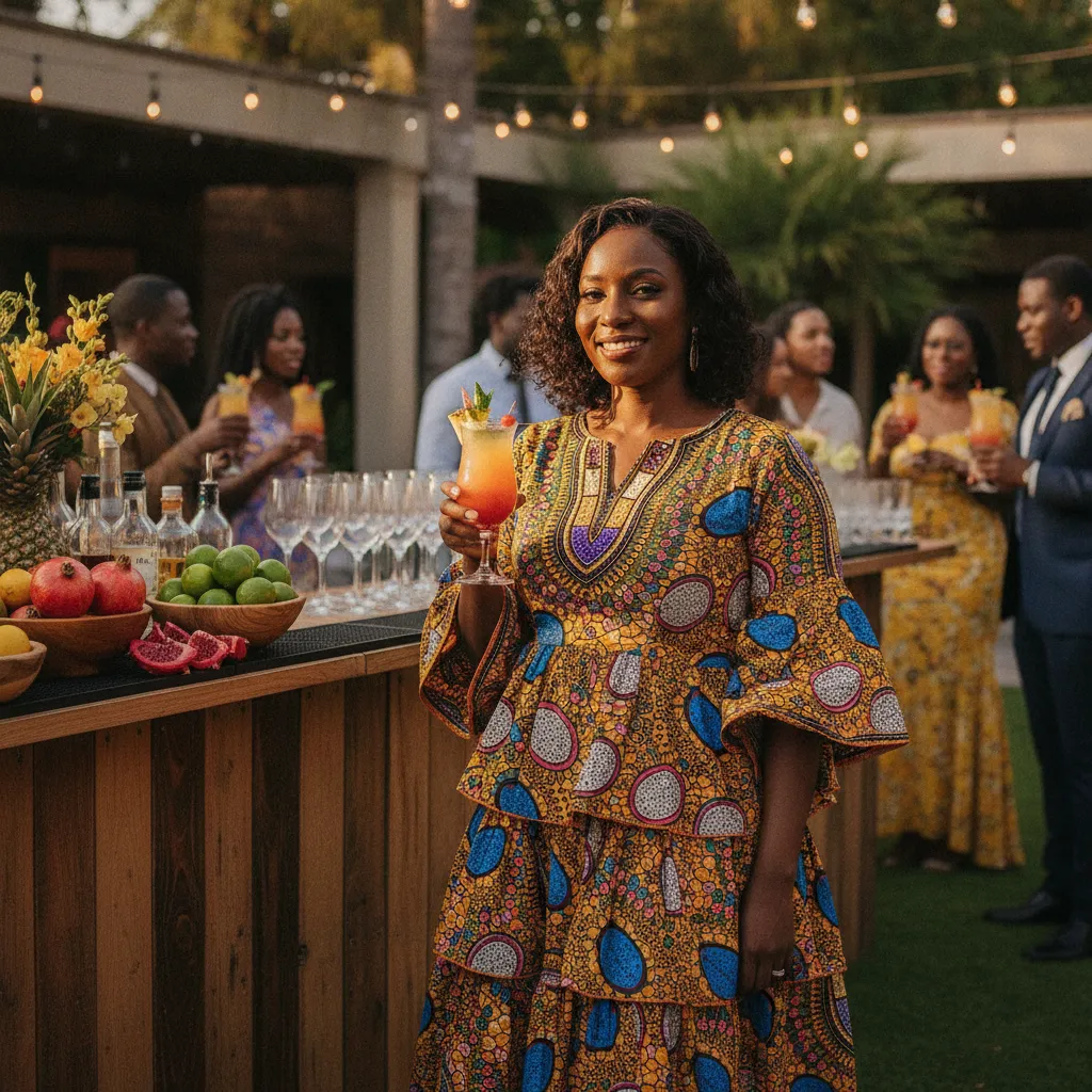 A Black woman in a vibrant African print dress smiles as she sips a colorful signature cocktail at a beautifully decorated outdoor event bar