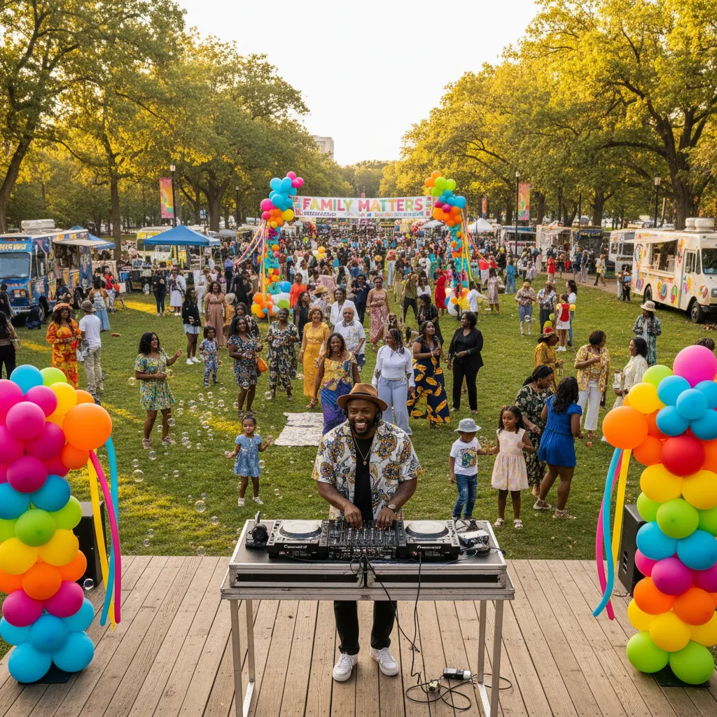 A vibrant, outdoor family reunion event in a park, with an African American DJ skillfully mixing music on a stage, surrounded by colorful balloon decorations and joyful guests dancing and mingling. The scene captures lively energy and professional event execution.