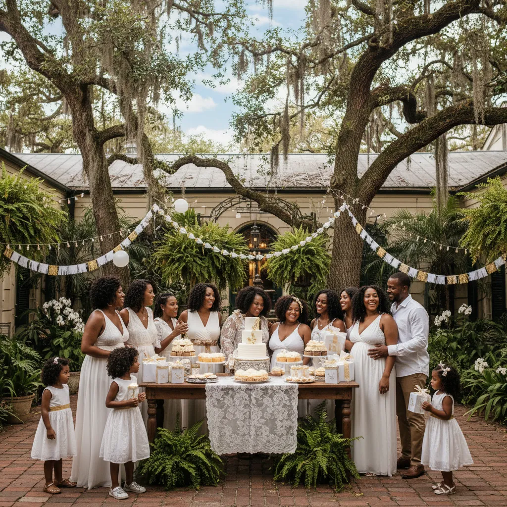 An intimate baby shower gathering of diverse Black women and their families in a lush, historic New Orleans courtyard