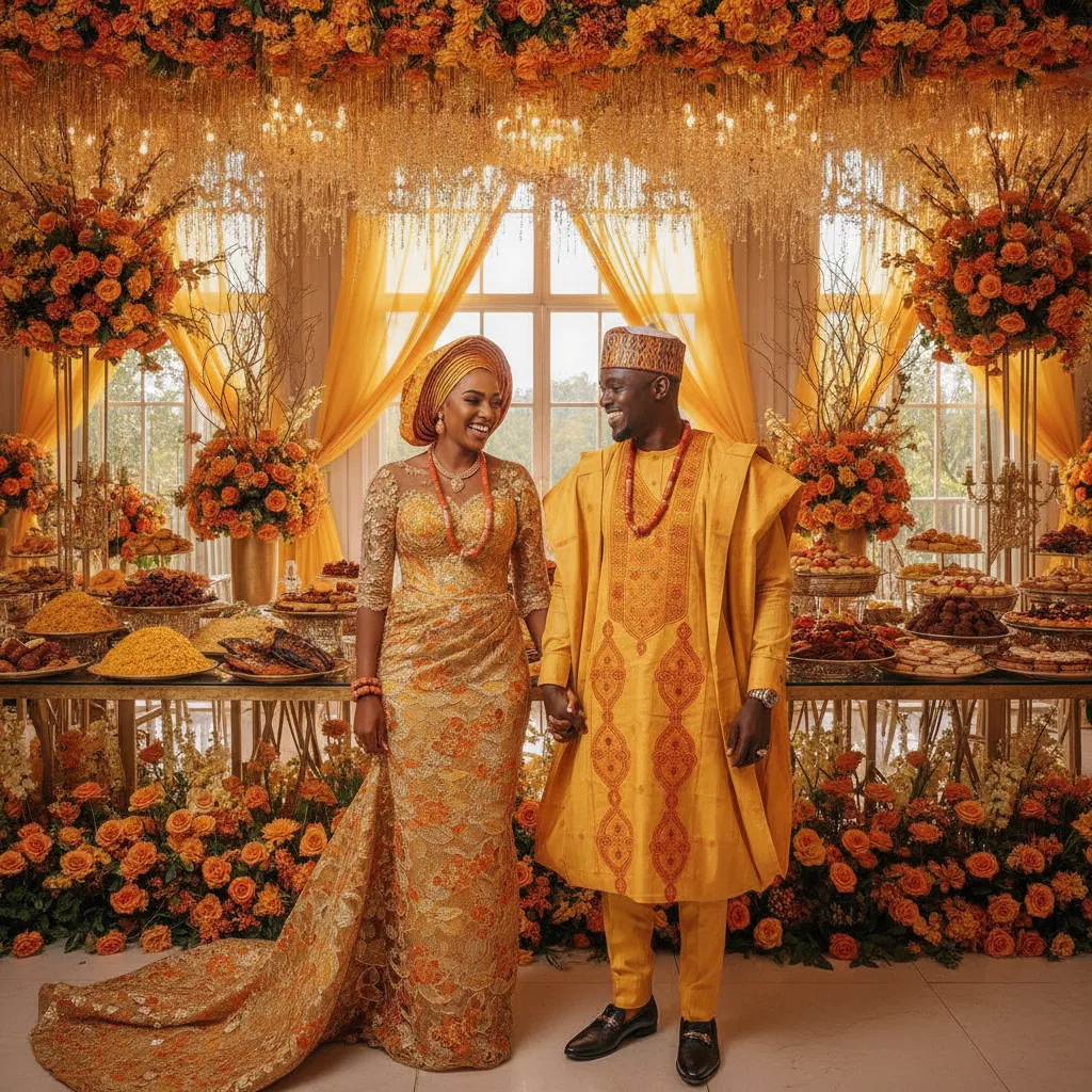 A Black couple in elegant traditional West African wedding attire, holding hands and smiling at each other, standing in a beautifully decorated reception hall with vibrant yellow, orange