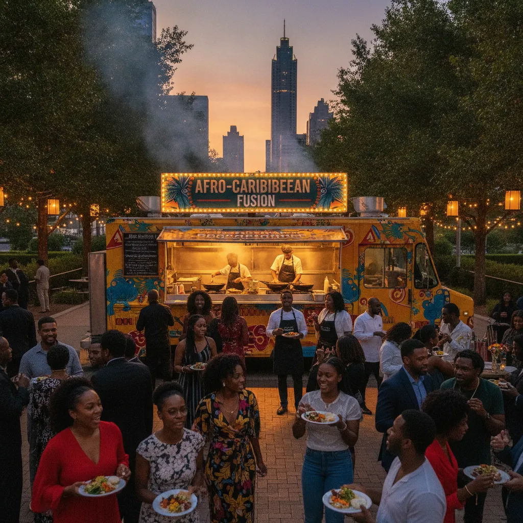 A vibrant outdoor evening event in Atlanta with a diverse group of African American guests enjoying food from a brightly lit food truck