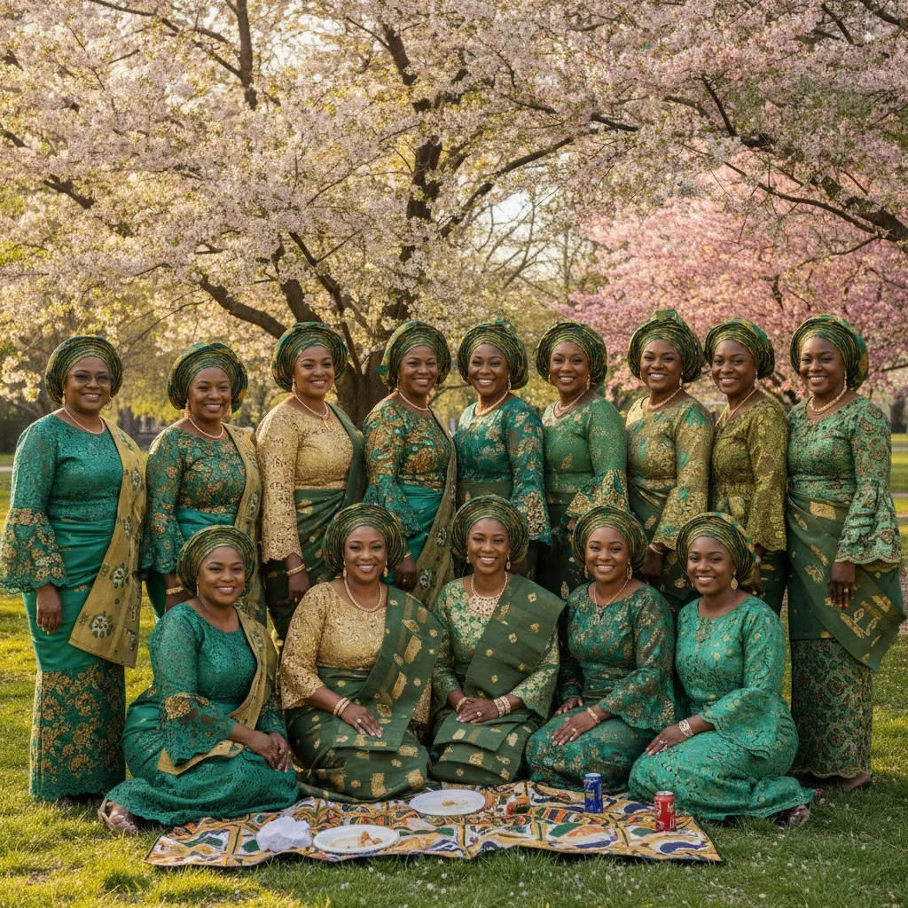 A diverse group of Black women in Atlanta, spanning different generations, joyfully posing together at a family reunion