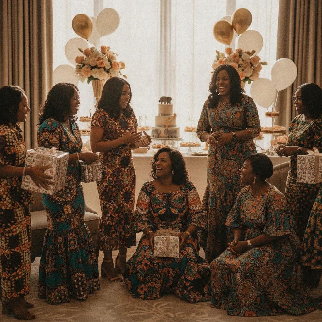 A joyous group of African American women, some holding gifts, wearing coordinated yet individually styled vibrant African print outfits. Soft, warm lighting enhances the festive atmosphere