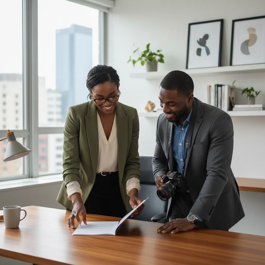 An African American female event planner in a chic blazer and glasses
