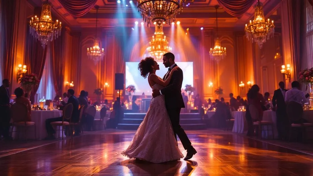 A beautifully decorated ballroom in Atlanta with African American couples dancing