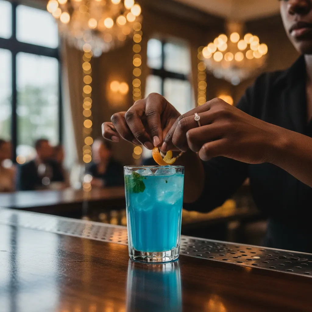 Behind a sleek, modern bar at an upscale Atlanta event. The background is softly blurred with elegant lighting