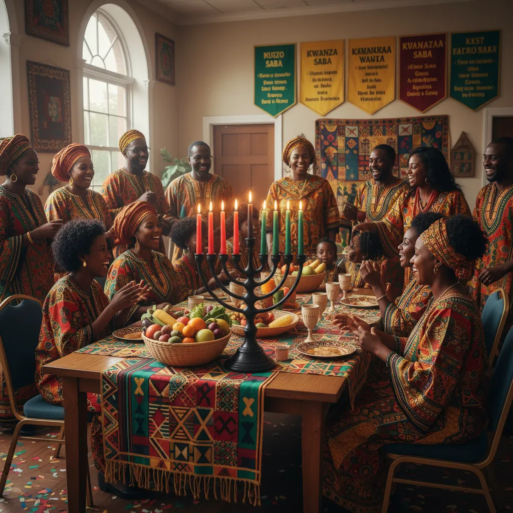 A vibrant Kwanzaa celebration scene in a community center, with a large