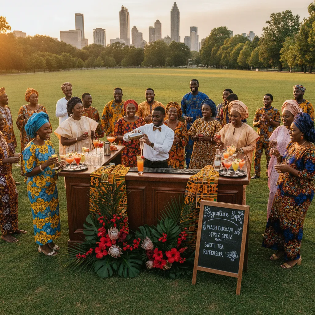A vibrant outdoor wedding reception in Atlanta's Piedmont Park, with Black guests in colorful traditional attire laughing and enjoying signature cocktails served by a skilled Black bartender