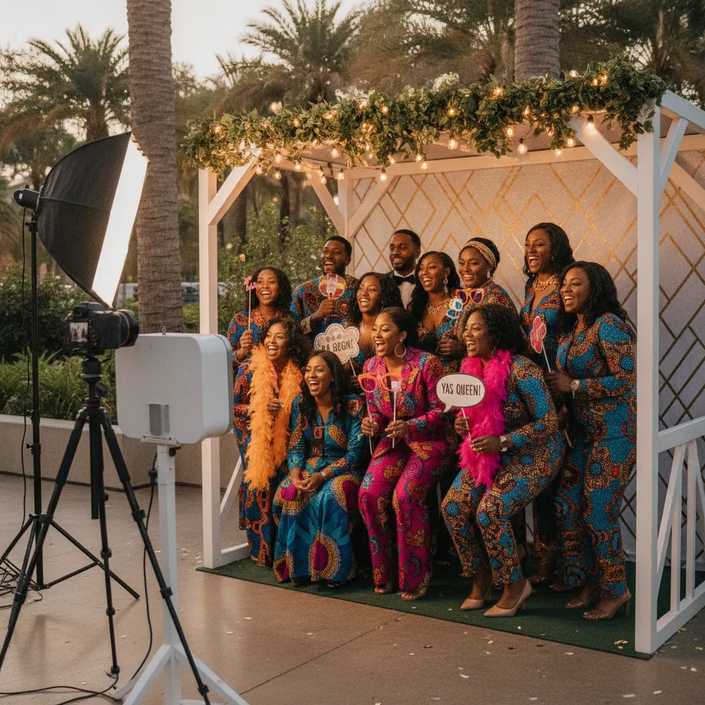 A group of elegantly dressed Black women and men, wearing vibrant African print attire