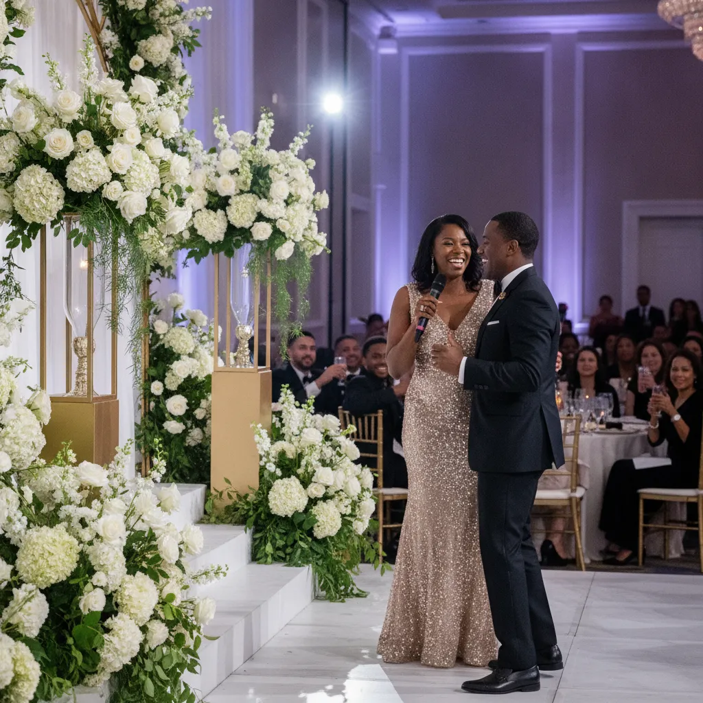 A Black female event host in a shimmering formal gown, holding a microphone and smiling warmly at a joyful African American couple dancing on a stage decorated with elegant floral arrangements