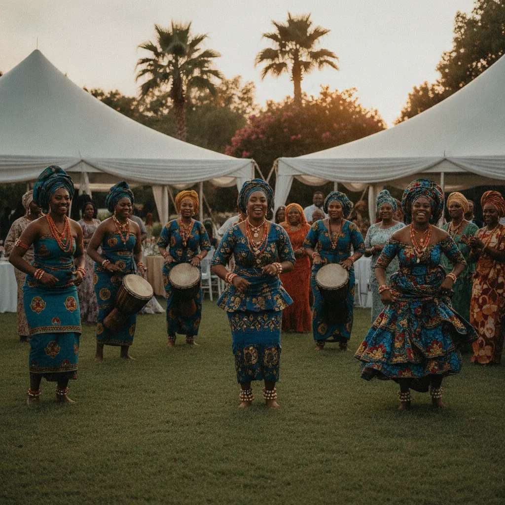 A group of Black women in vibrant, traditional West African attire, adorned with intricate head wraps and beads, joyfully dancing and drumming at an outdoor wedding reception in Atlanta