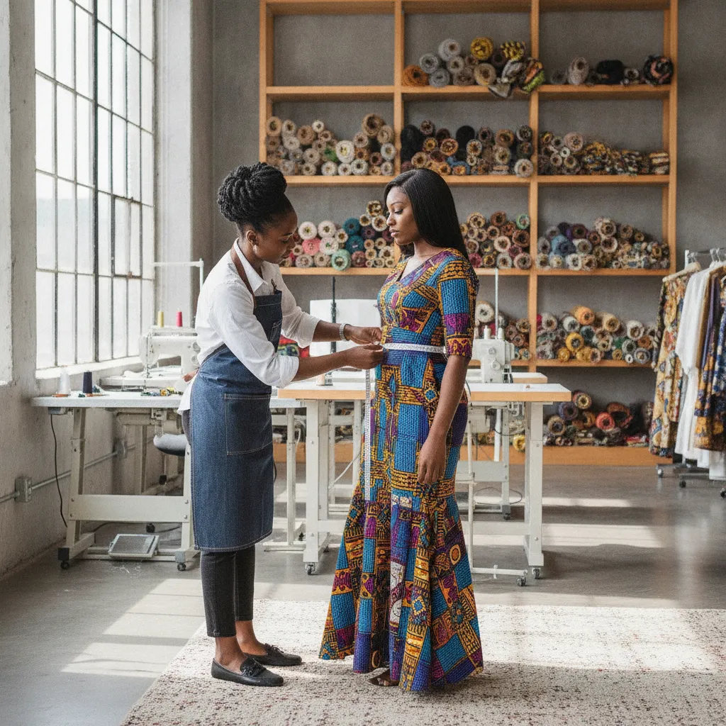 A Black female fashion designer meticulously takes measurements of a Black woman wearing a vibrant, partially fitted Ankara print dress in a brightly lit, modern studio in Atlanta