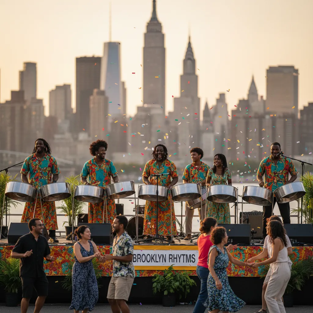 A lively Black steel pan band performing on an outdoor stage in Brooklyn, New York, with the city skyline subtly in the background