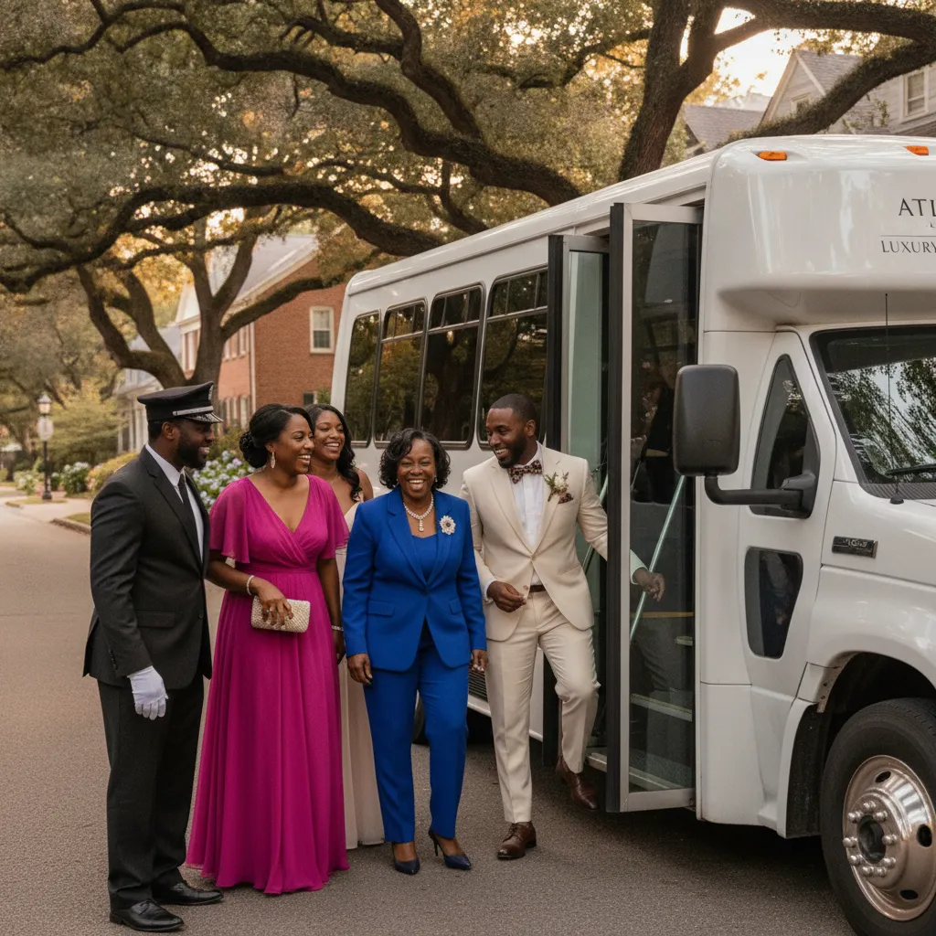 A Black chauffeur, impeccably dressed in a dark suit and cap, holding open the door of a pristine white luxury shuttle van for a group of elegantly dressed African American wedding guests