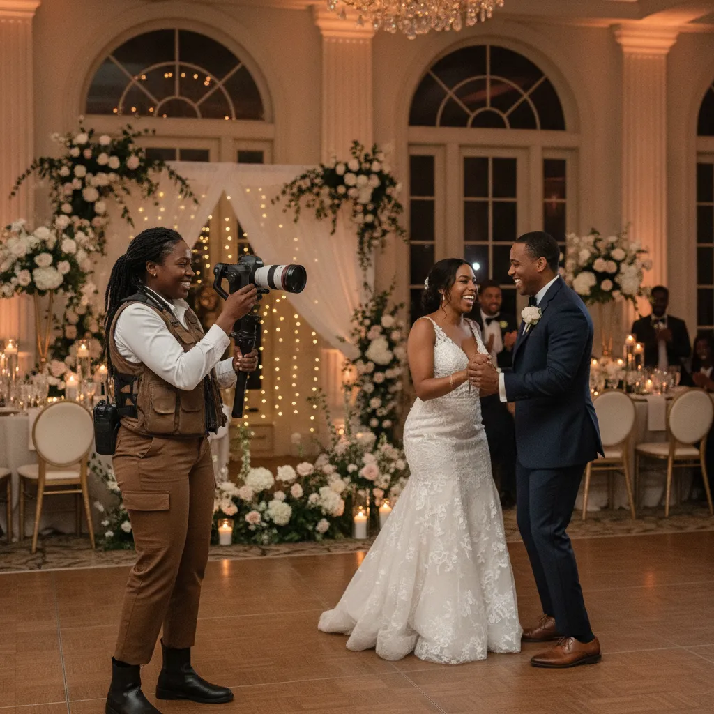 A Black female videographer with a professional camera rig