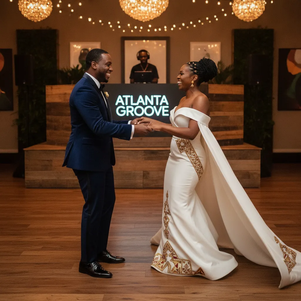 A stylish Black couple in elegant attire (groom in a tailored suit, bride in a modern white gown with African-inspired embroidery) dancing joyfully under soft