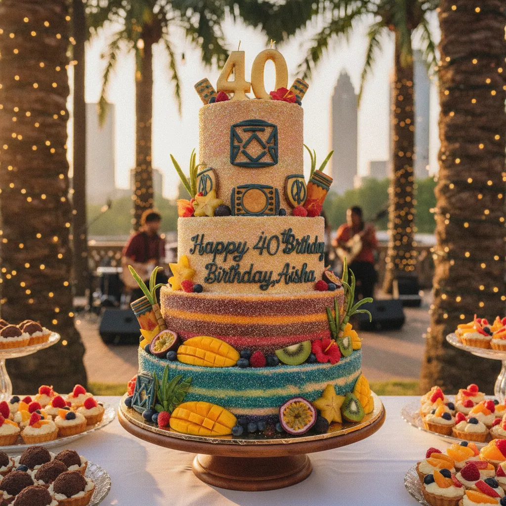 A vibrant, multi-tiered birthday cake for a Black woman's 40th birthday, adorned with edible glitter, fresh tropical fruits, and custom sugar art reflecting Afro-Caribbean heritage