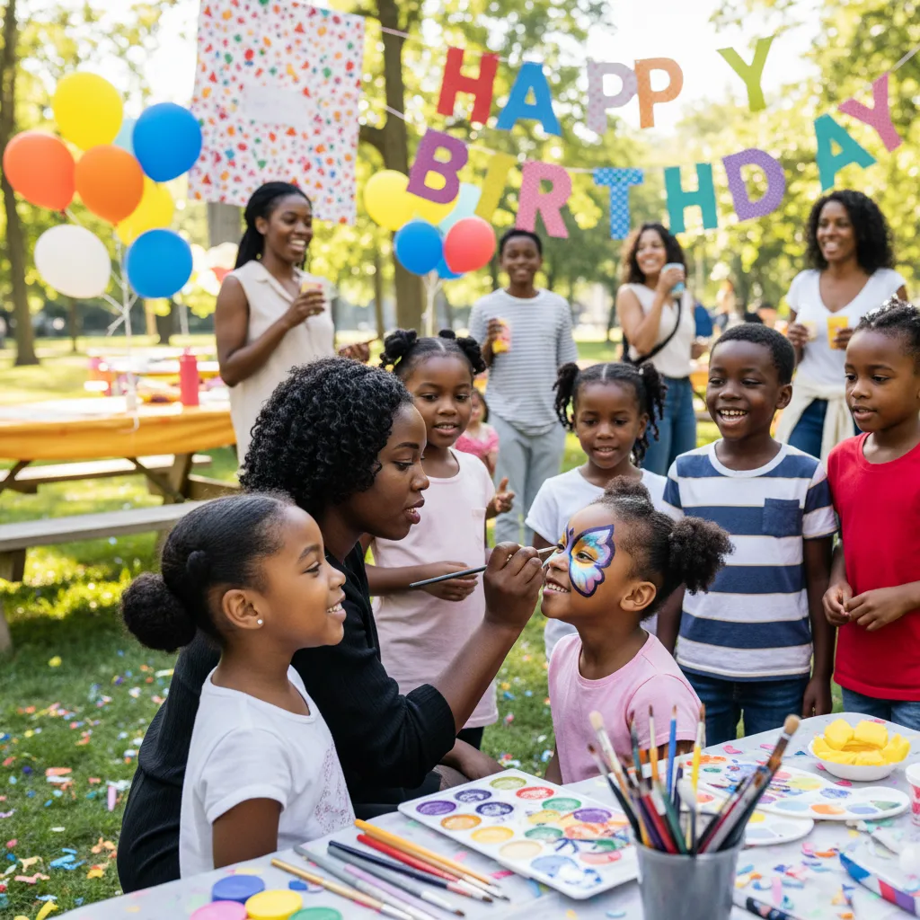 A vibrant outdoor kids' birthday party in a Brooklyn park
