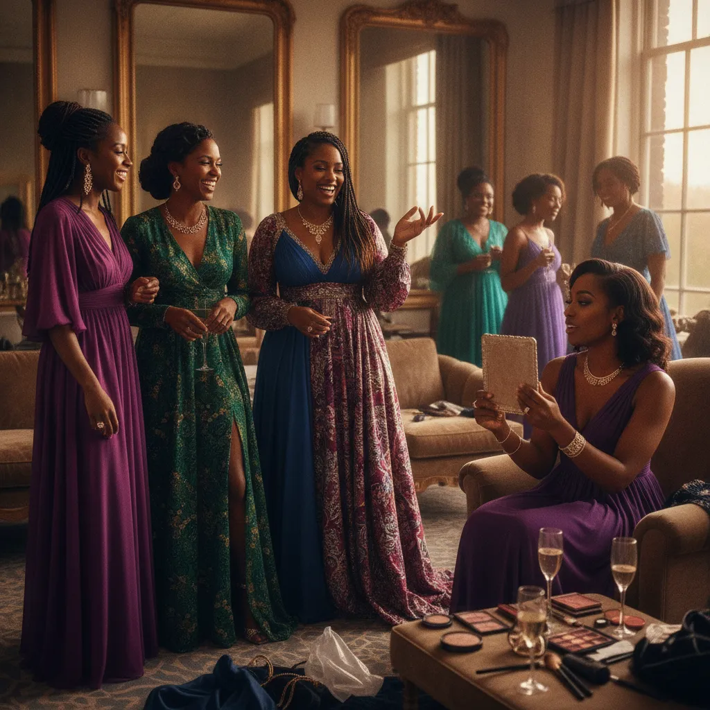 A diverse group of joyful African American and Afro-Caribbean women, elegantly dressed, chatting and laughing while getting ready for an event, one woman admiring her makeup in a mirror