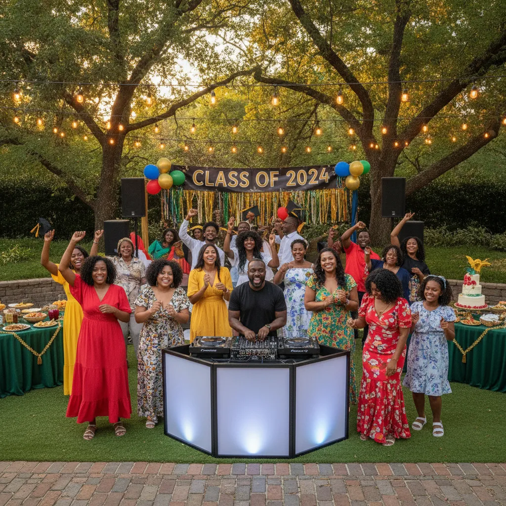 A lively outdoor graduation party in Atlanta's summer, with diverse African American and Afro-Caribbean families dancing and celebrating