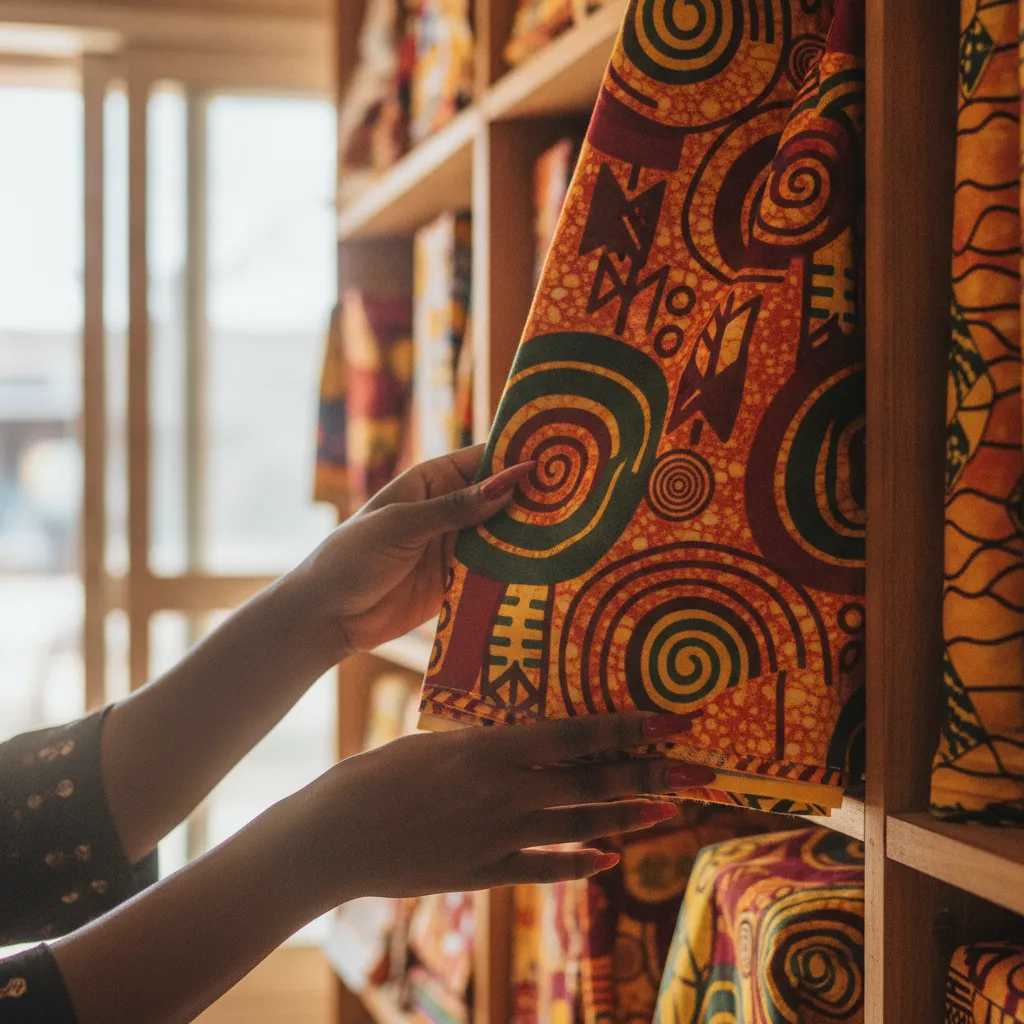 A close-up of a Black woman's hands carefully selecting a vibrant, patterned Ankara fabric from a neatly organized shelf in a textile shop