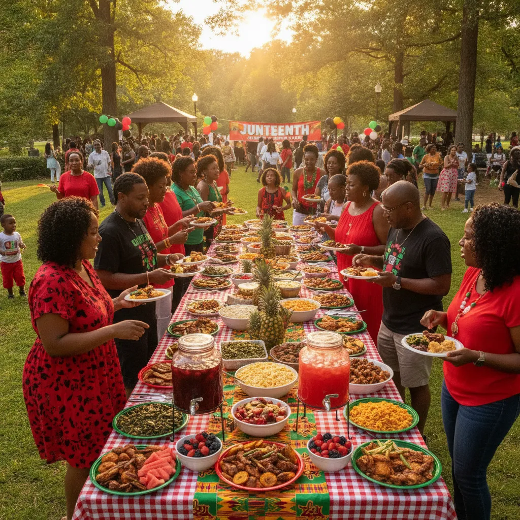 A vibrant outdoor Juneteenth celebration in a park in Atlanta, Georgia