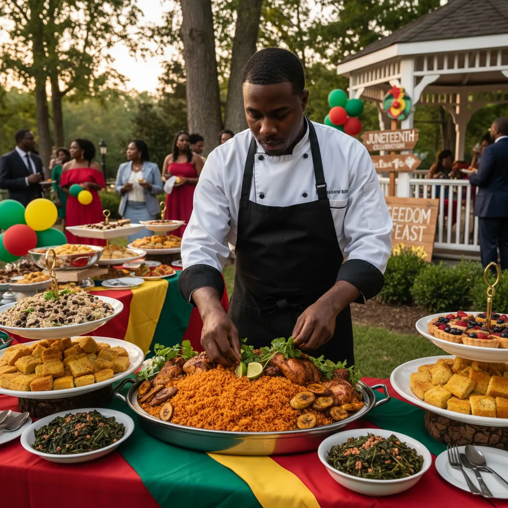 A professional African American caterer, wearing a chef's jacket