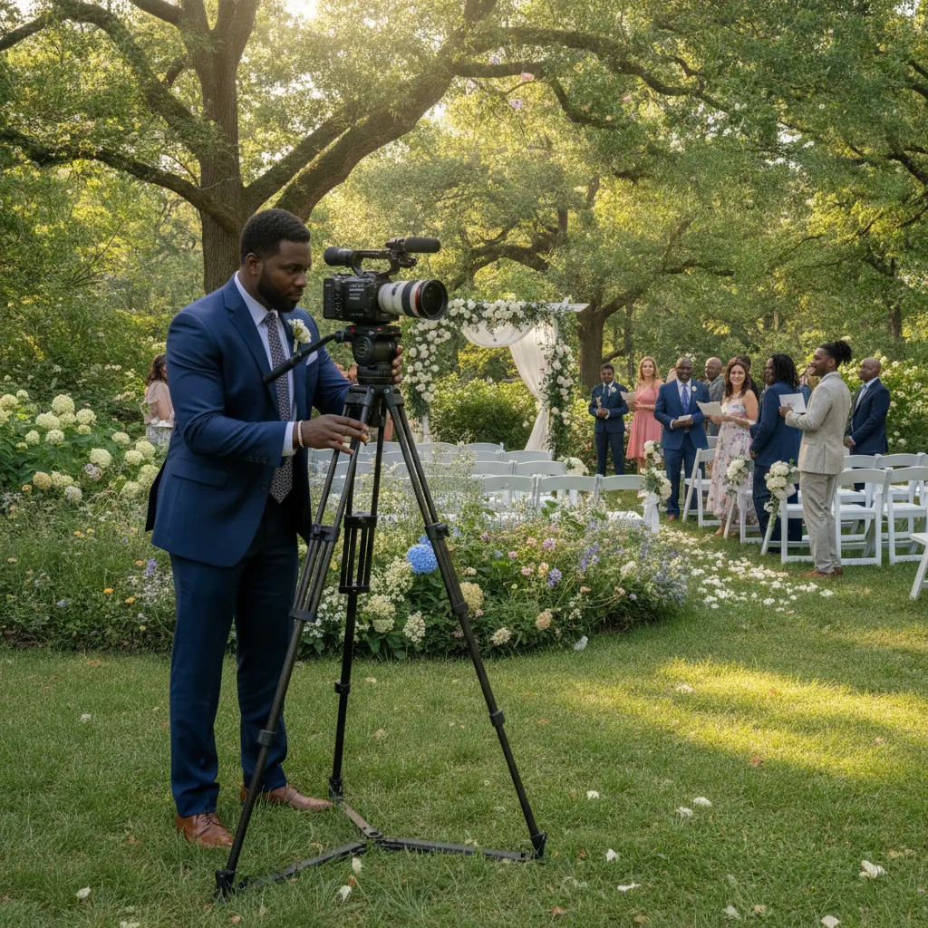 A Black videographer meticulously setting up a tripod and professional camera at an outdoor wedding ceremony in a lush Atlanta park, with guests arriving in the background