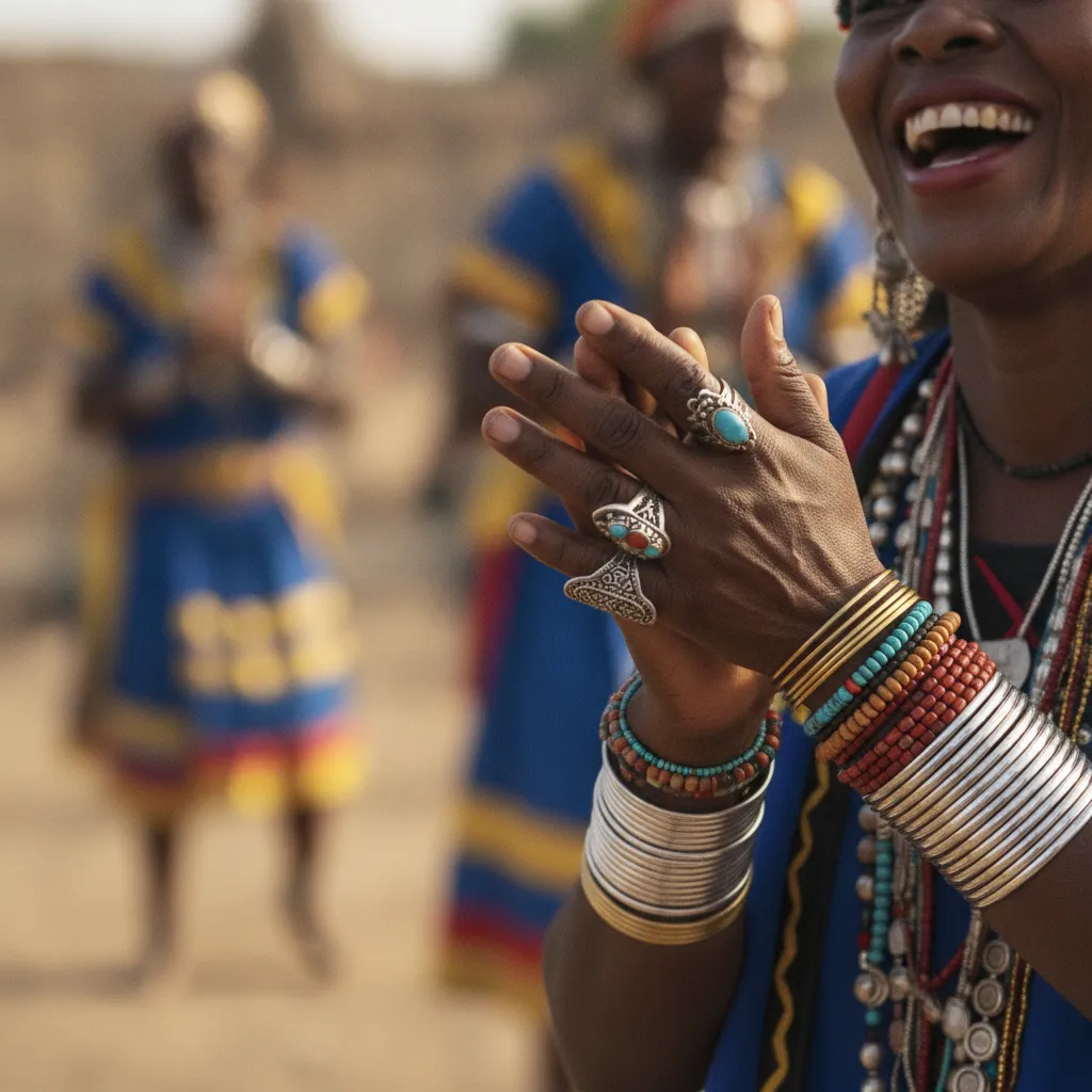 A close-up of an African American woman's hands adorned with traditional jewelry, clapping rhythmically as she watches a vibrant cultural performance, her face beaming with joy