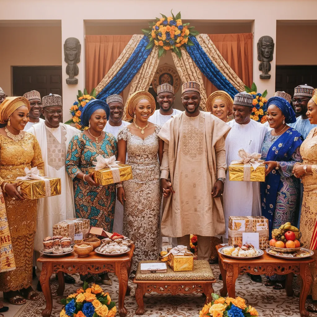 A vibrant Nigerian introduction ceremony with a Black couple